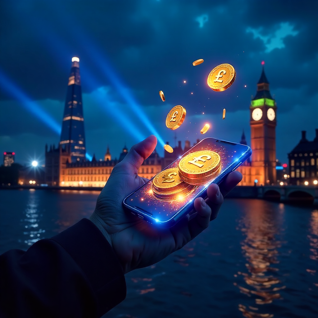 Futuristic hand holding a transparent glass smartphone displaying the True Fortune UK app, background is the London skyline with the Shard and Big Ben at night with glowing royal blue laser beams, 3D holographic gold British Pound (£) coins and sparkling